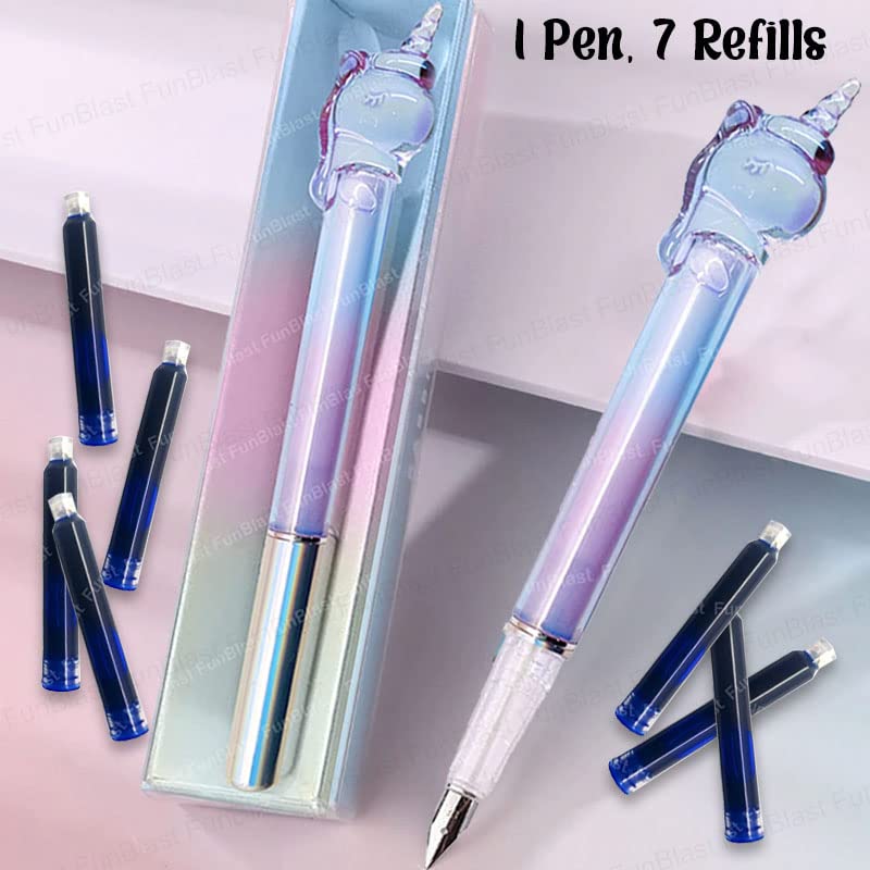 Fountain Pen - Unicorn Fountain Pen Set, Medium Point Nib Fountain Pen set, Pen for School, Office, Kawaii Stationery Set, Birthday Return Gift (1 Pen, 7 Refills-Blue Ink)