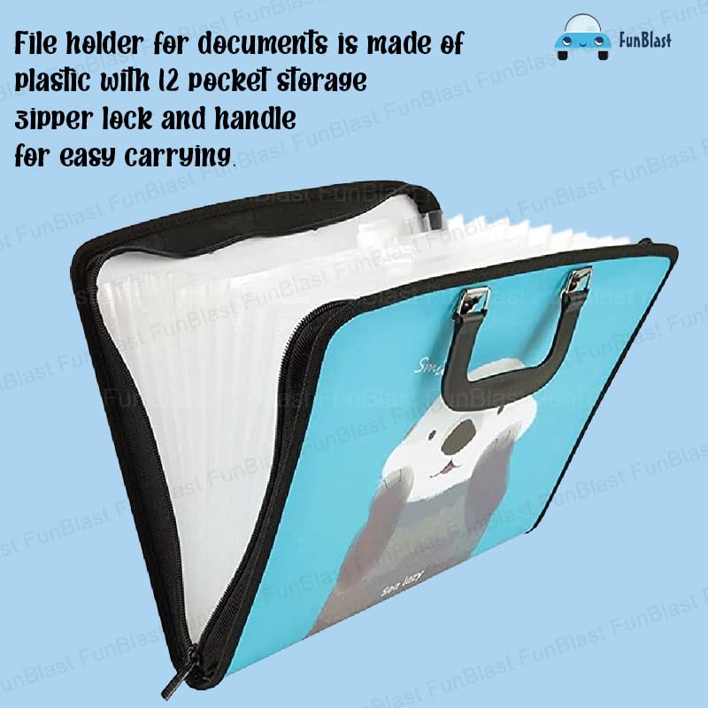 File Folder with Handle and Zipper Lock – Documents File, Folders for Documents, Office Documents Certificates Holder with 12 Pockets (Blue)