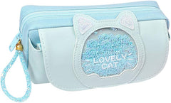 Cat Design Stationery Pouch with Zipper Lock for Girls (SkyBlue)