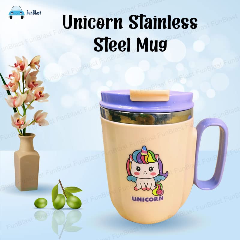 Stainless Steel Mug with Lid for Kids, Milk Drinking Mug for Kids, Insulated Coffee Mug, Mug for Girls, Insulated Vacuum Coffee Cup, Birthday Return Gifts for Kids – 400 ML