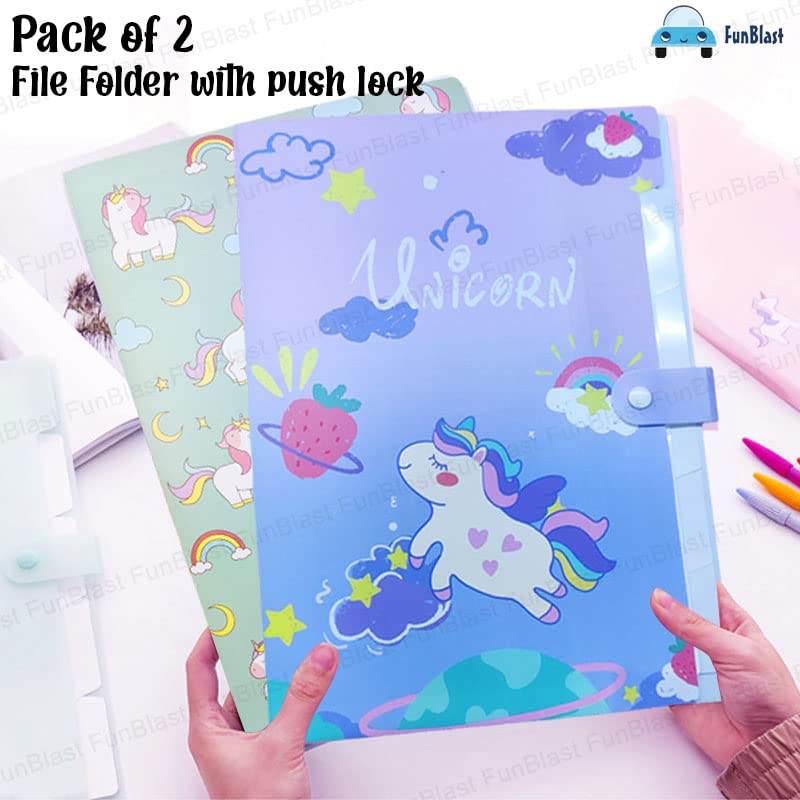 Unicorn File Folder with Button Lock – Pack of 2 Pcs Unicorn Theme Certificates Holder with 6 Pockets, Office Documents File, Expandable Folders for Documents (Pack of 2)