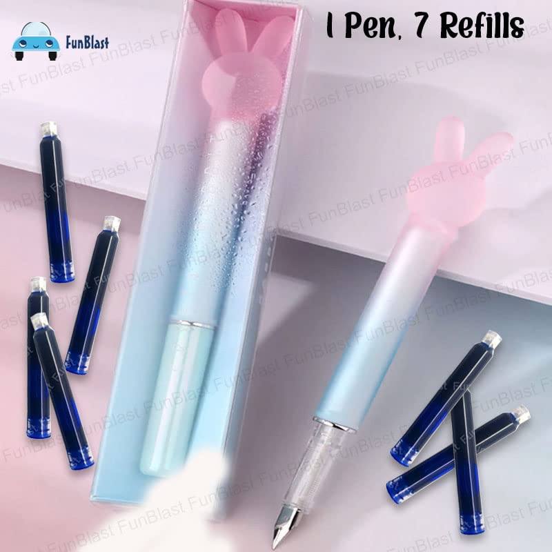 Medium Point Fountain Pen - Crystal Rabbit Pen Set for School Stationery Gift for Kids, Birthday Return Gift, Pen for School, Office, Kawaii Stationery Set (1 Pen, 7 Refills)