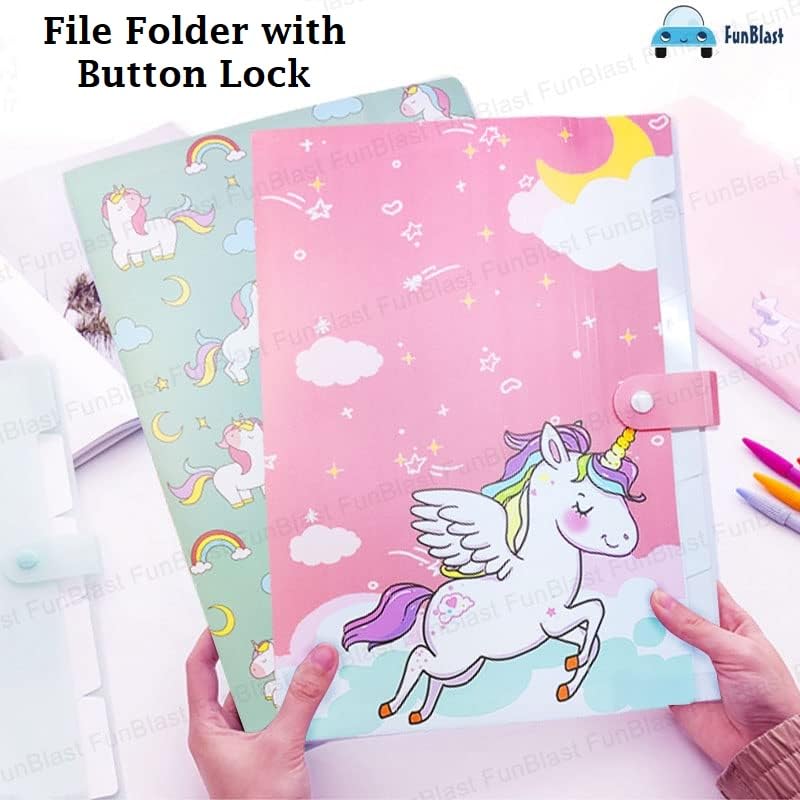 Unicorn File Folder with Button Lock – Pack of 12 Pcs Unicorn Theme Certificates Holder with 6 Pockets, Office Documents File (12 Pcs; Multicolor)