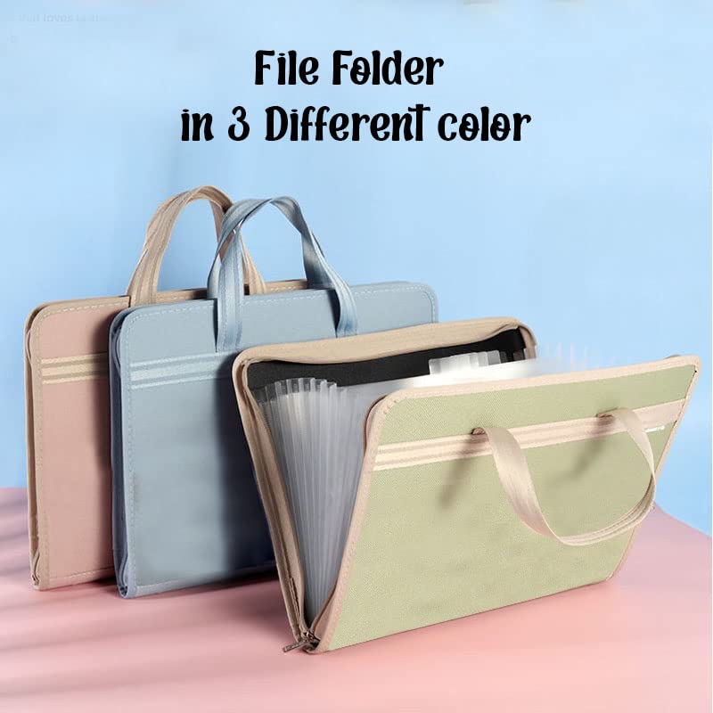 Portfolio File Folder A3 Size with Zip Lock – 12 Pockets File Folder, Big Size Professional File Storage Bag, Travel File Organizer Bag (Green)