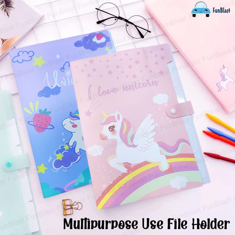 Unicorn File Folder with Button Lock – Pack of 2 Pcs Unicorn Theme Certificates Holder with 6 Pockets, Office Documents File, Expandable Folders for Documents (Pack of 2)