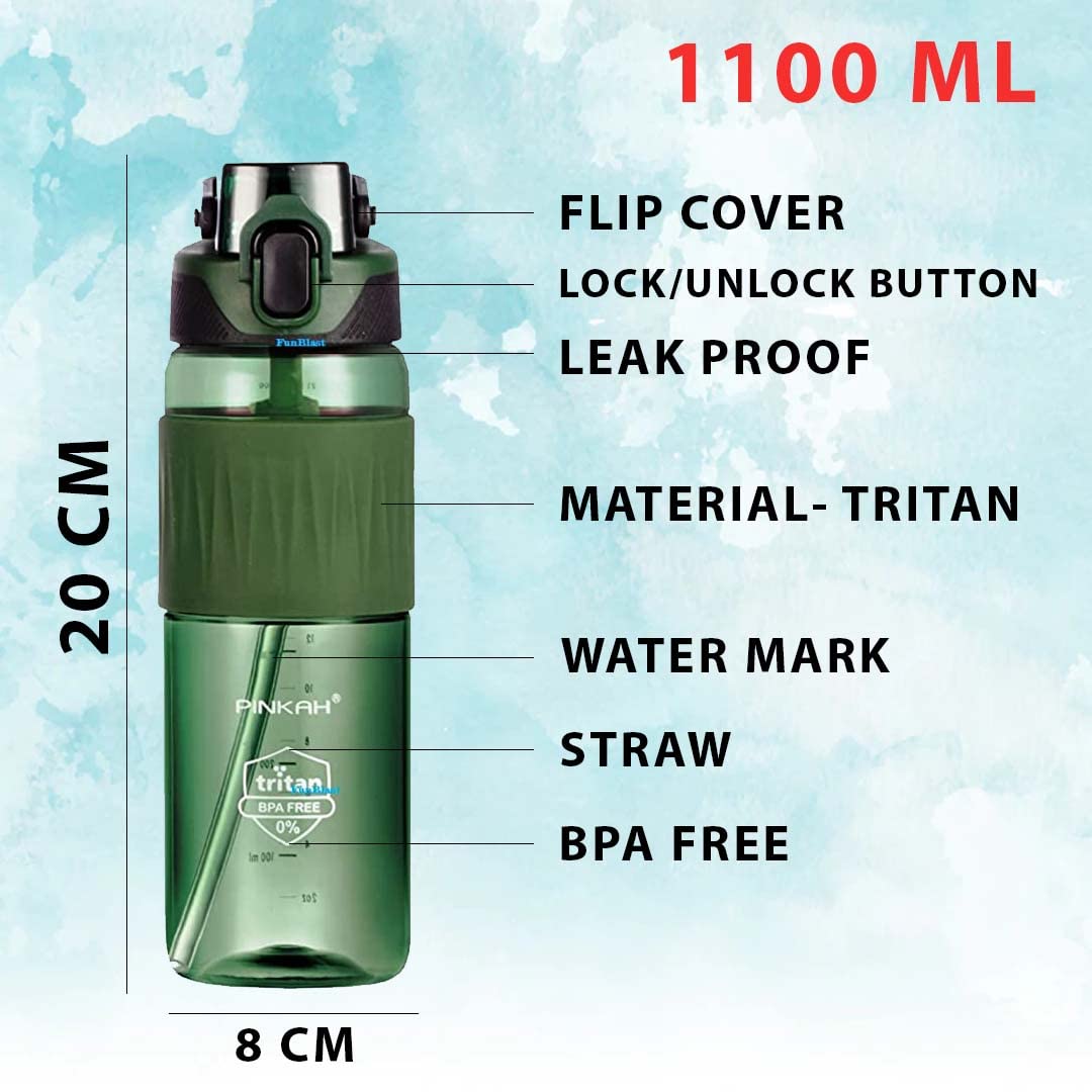 Water Bottle 1100 ML with Straw and Sipper - Tritan Unbreakable Water Bottle Leak Proof Durable BPA Free Non-Toxic Water Bottle for Home, Office, Gym, Trekking (Pack of 1)