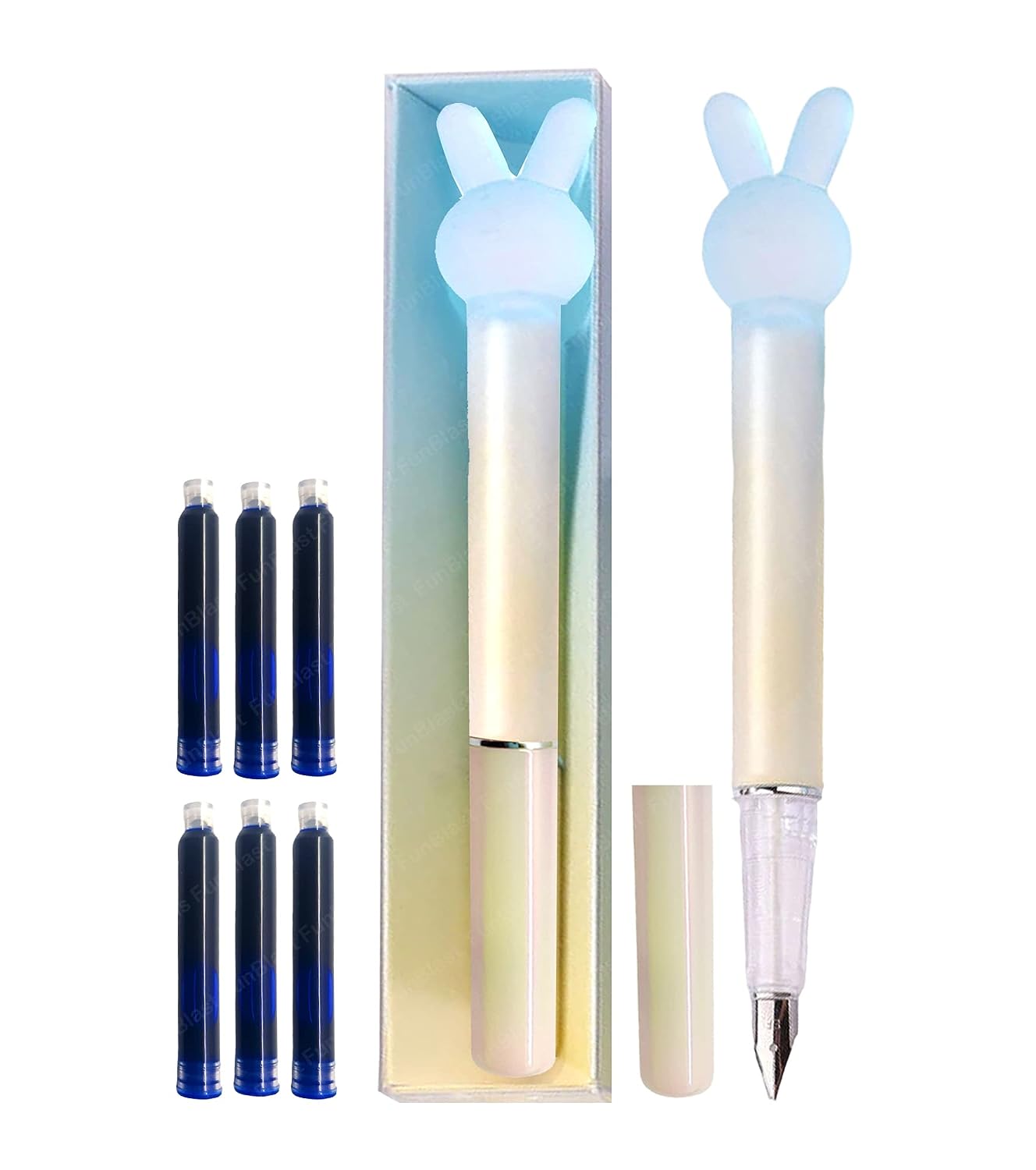 Medium Point Fountain Pen - Crystal Rabbit Pen Set for School Stationery Gift for Kids, Birthday Return Gift, Pen for School, Office, Kawaii Stationery Set (1 Pen, 7 Refills)