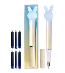 Medium Point Fountain Pen - Crystal Rabbit Pen Set for School Stationery Gift for Kids, Birthday Return Gift, Pen for School, Office, Kawaii Stationery Set (1 Pen, 7 Refills)