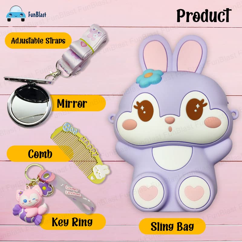 Bunny Sling Bag with Key Ring, Comb and Mirror – silicone Mini Bag for Girls, Fancy Bag for Girls, Purse, Stylish Cross Body Bag with Adjustable Strap, Korean Bag for Girls