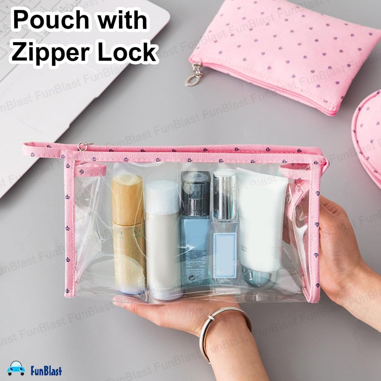 3 Pcs Cosmetic Makeup Pouch with Zipper Lock for Women (Pink)