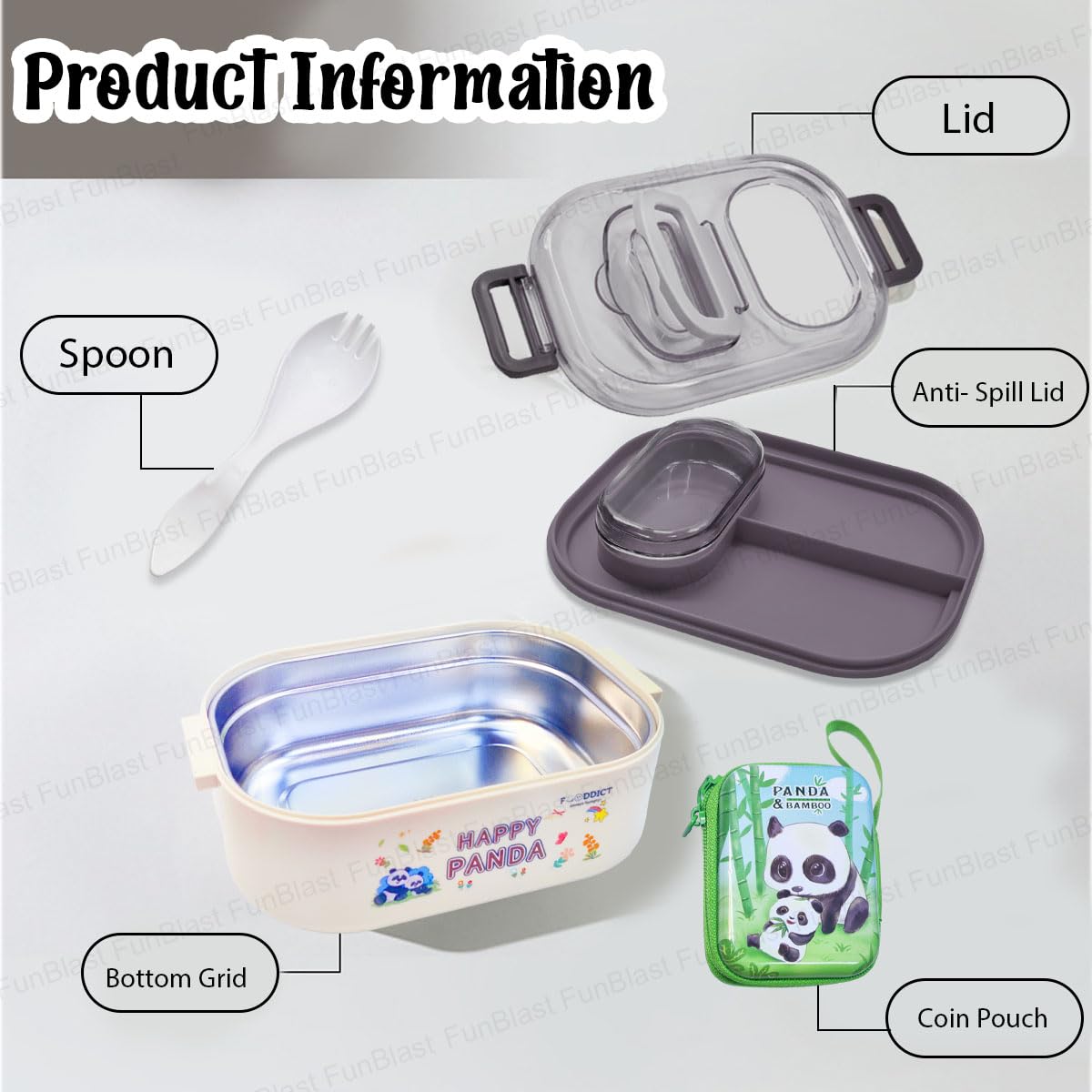 Panda Theme Lunch Box for Kids, Tiffin Box with Spoon and Coin Pouch, Lunch Box for School Kids, SS304 Lunch Box, Air-Tight Lunch Box (Black)