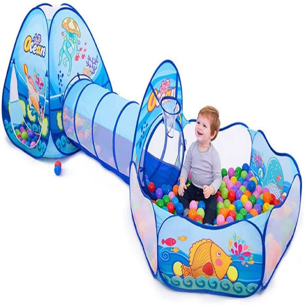 Ocean Theme 3 in 1 Kids Tent with Tunnel Ball Pool Tunnel Tent