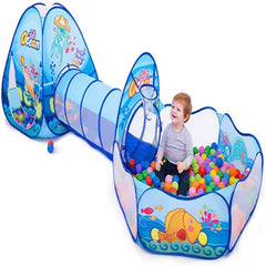 Ocean Theme 3 in 1 Kids Tent with Tunnel, Ball Pool Tunnel Tent House for Kids, Ball Pit Play House Theme for Boys Girls, Babies and Toddlers Indoor& Outdoor (Balls Not Included)