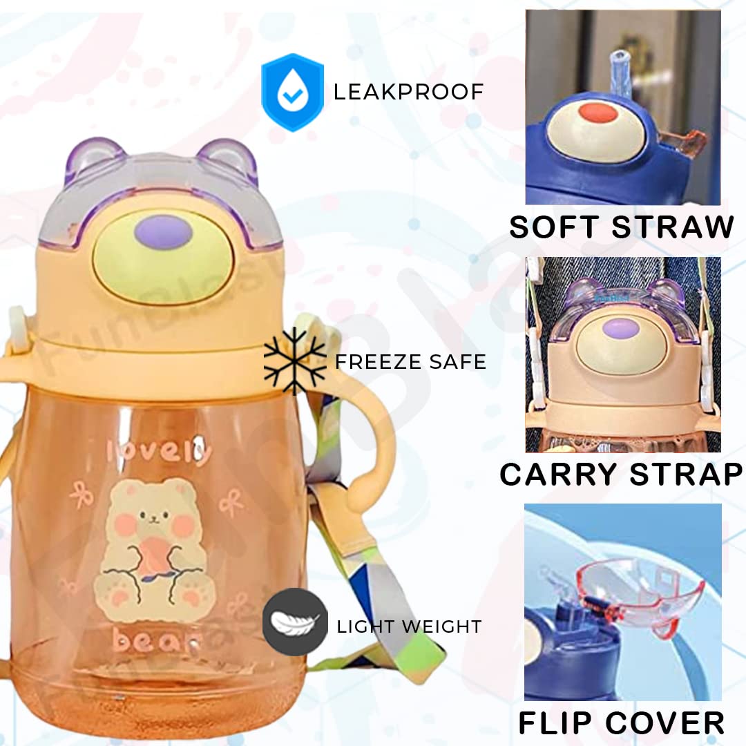 Water Bottle Anti-Leak Kids Cartoon School Water Bottle, 450 ML BPA Free Water Bottle, Cute Animal Design Water Bottle with Straw, Strap and Side Handle (Beige, Polycarbonate, Pack of 1)