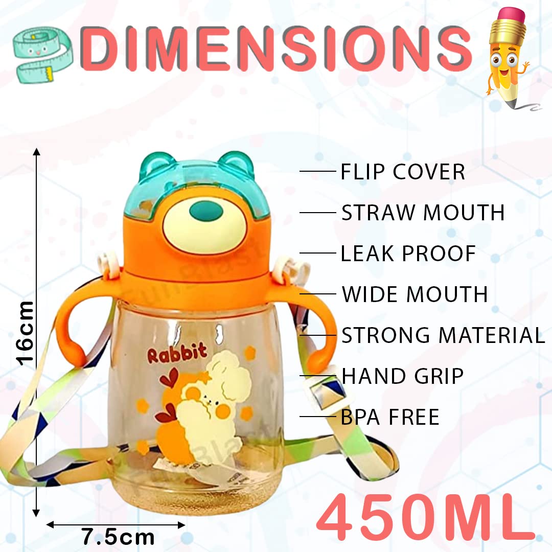 Water Bottle Anti-Leak Kids Cartoon School Water Bottle, 450 ML BPA Free Water Bottle, Cute Animal Design Water Bottle with Straw, Strap and Side Handle (Beige, Polycarbonate, Pack of 1)