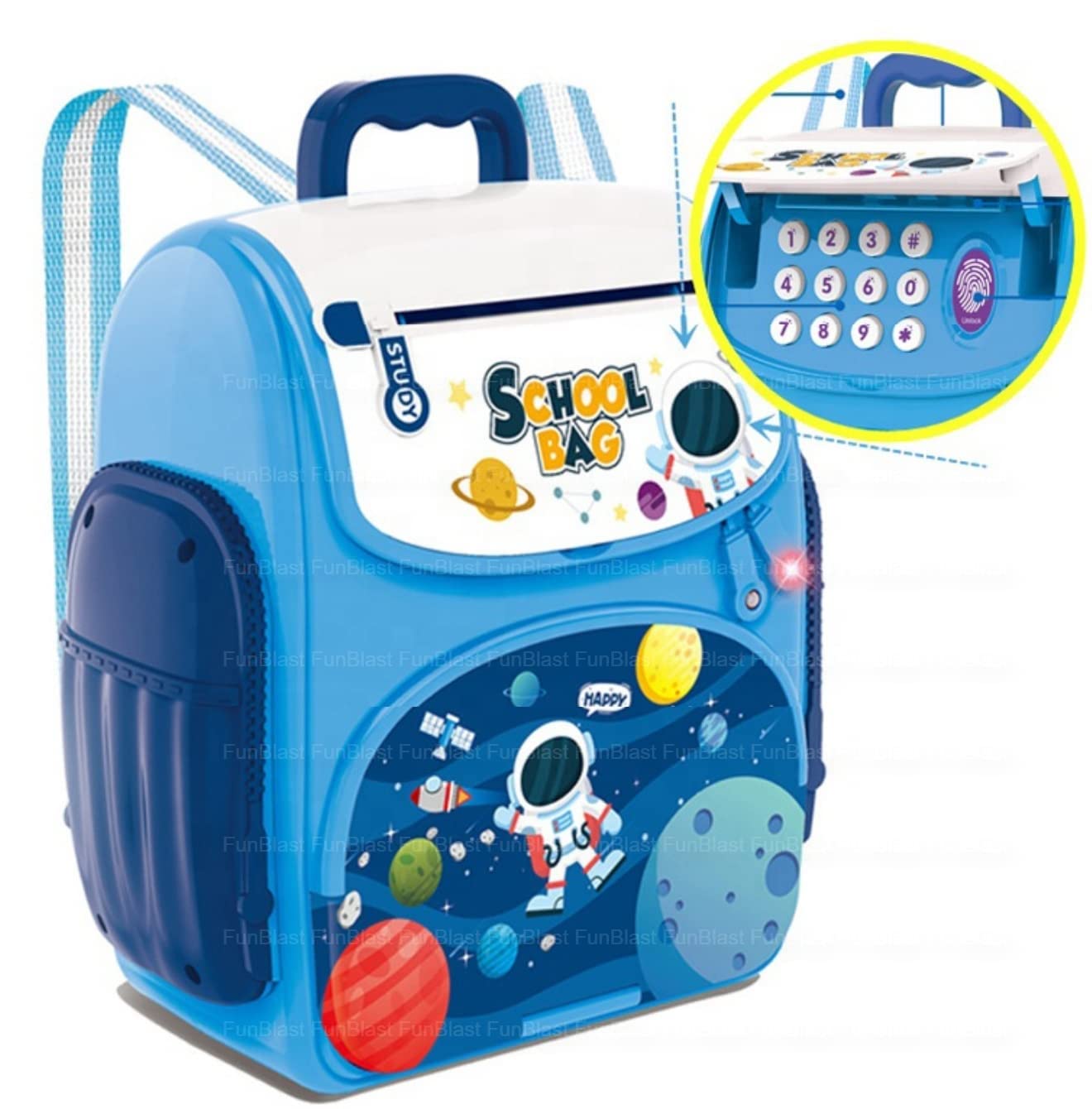 Piggy Bank with Finger Print Sensor Lock – Space Theme Coin Box Portable School Bag Design Coin Bank for Kids