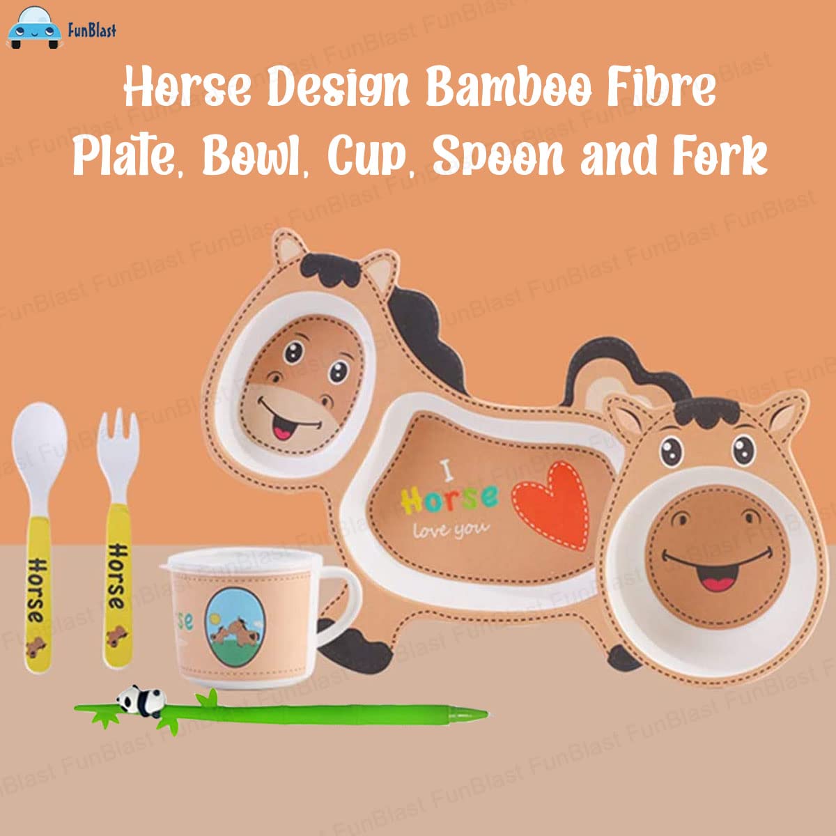 Bamboo Fibre Feeding Tableware Set for Kids – Horse Design Bamboo Fibre Plate, Bowl, Cup, Spoon and Fork for Kids