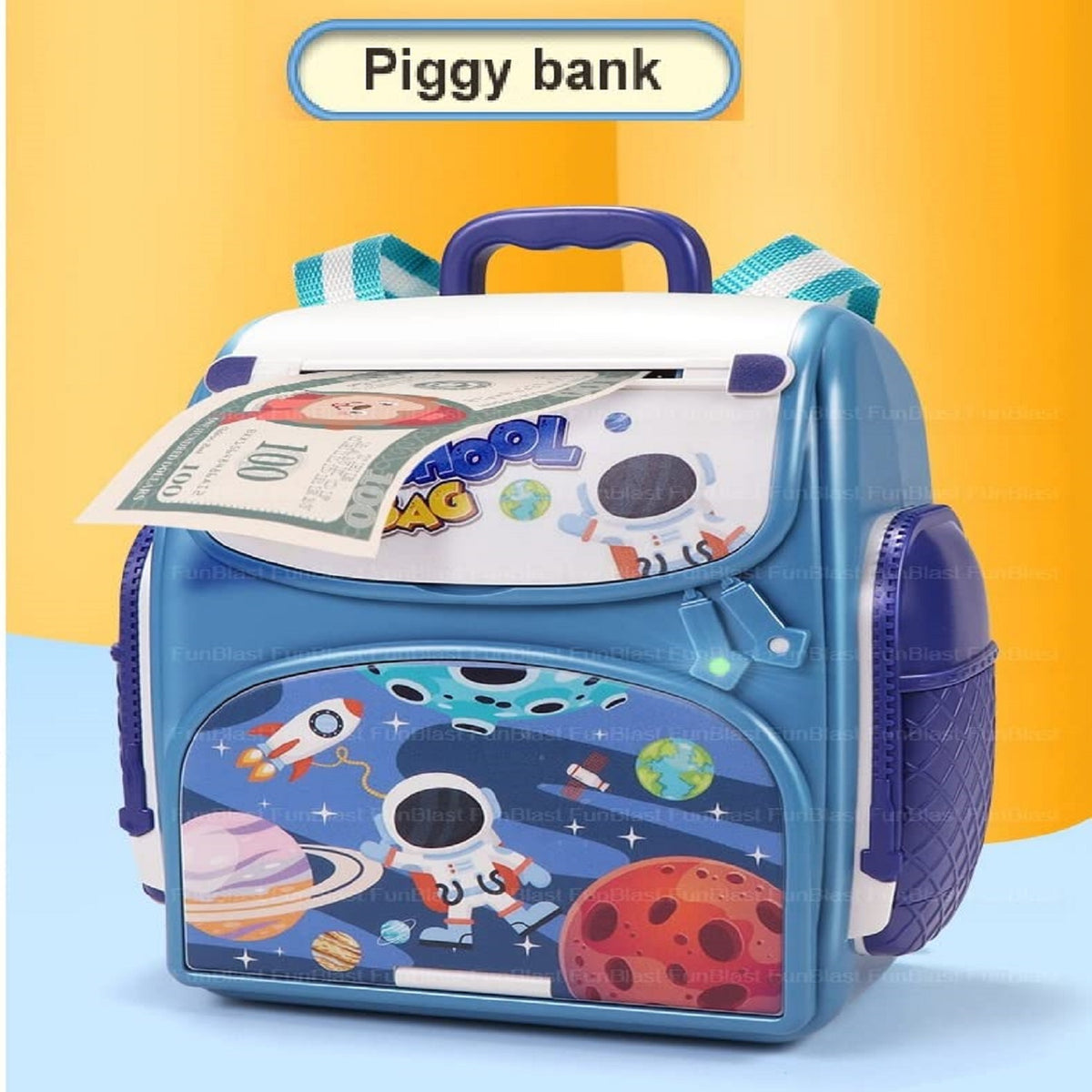 Piggy Bank with Finger Print Sensor Lock – Space Theme Coin Box Portable School Bag Design Coin Bank for Kids