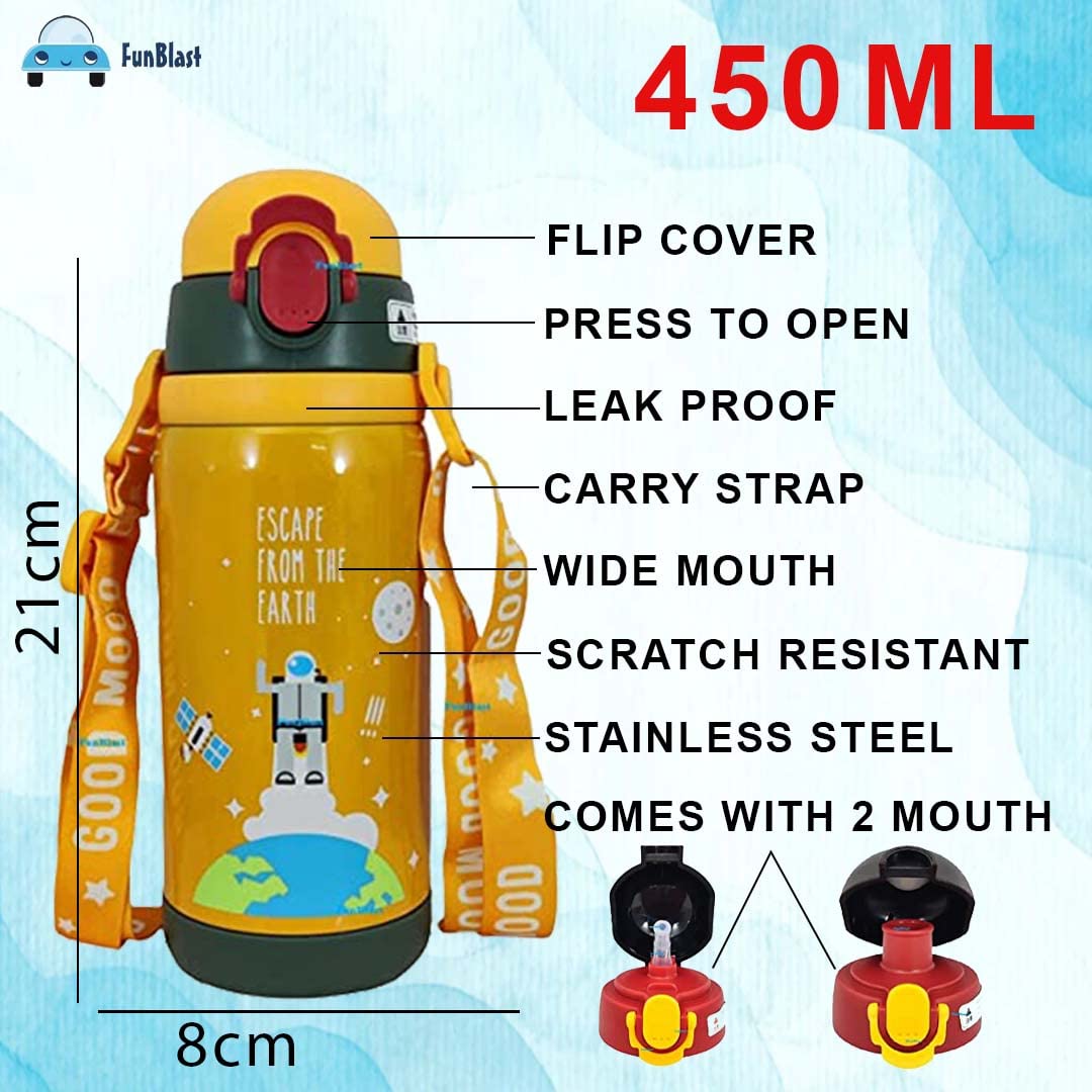 Cartoon Design Hot & Cold Water Bottle for Kids – Dual Cap Bottle with Straw & Wide Mouth Cap – 450ML