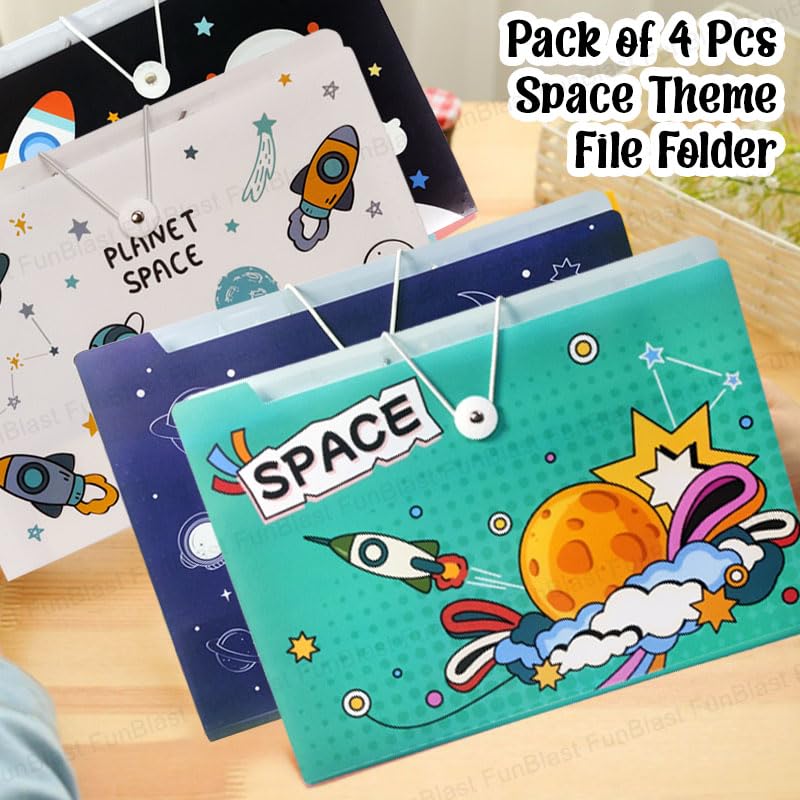 Space Theme File Folder with Elastic Band Lock – Pack of 4 Pcs Space Theme Certificates Holder with 6 Pockets, Office Documents File