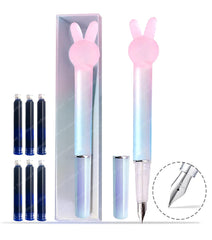 Medium Point Fountain Pen - Crystal Rabbit Pen Set for School Stationery Gift for Kids, Birthday Return Gift, Pen for School, Office, Kawaii Stationery Set (1 Pen, 7 Refills)