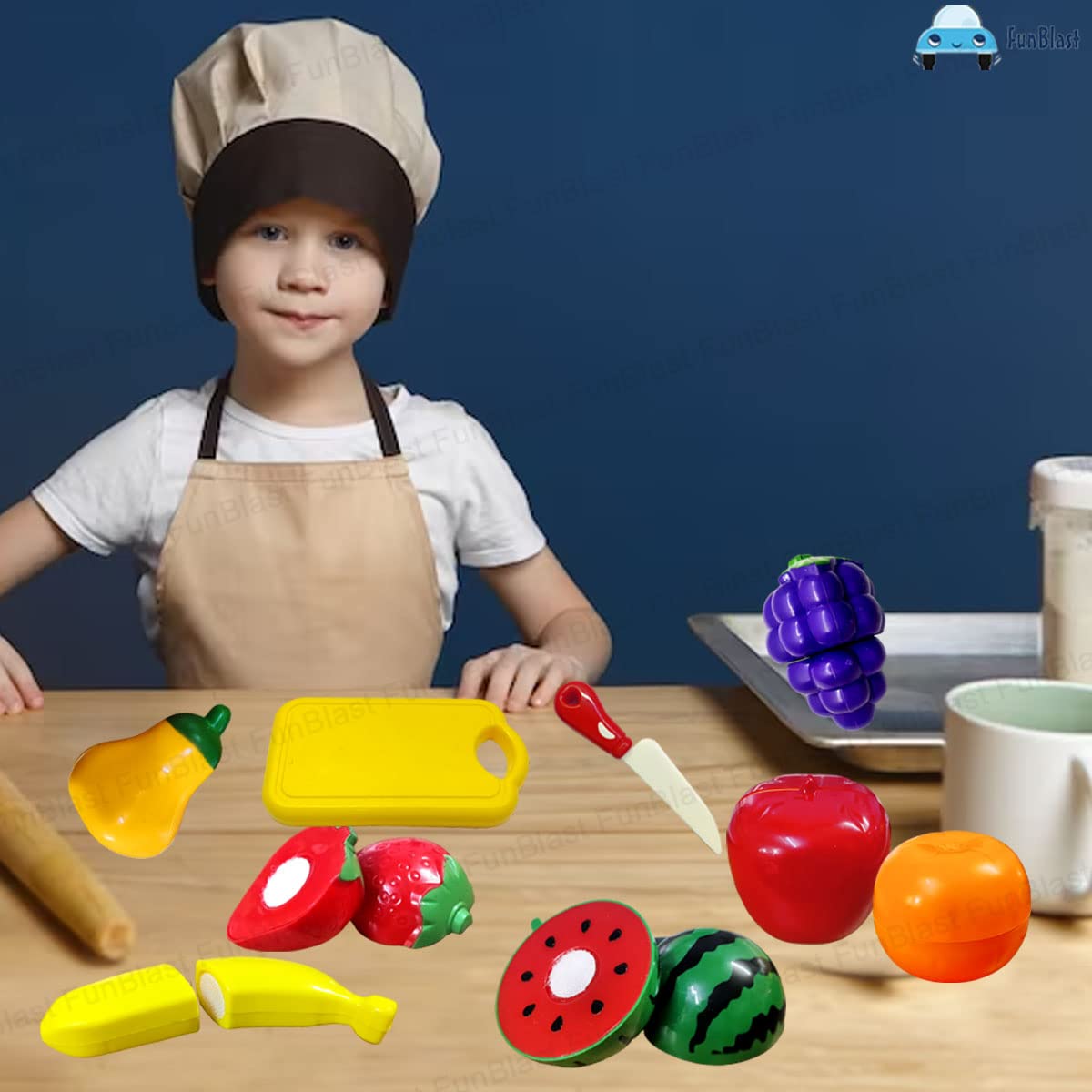 Fruits Cutting Play Set Toys - Realistic Sliceable Cutting Fruits Pretend Play Kitchen Toys for Kids, Play Food Toys - 9 Pcs