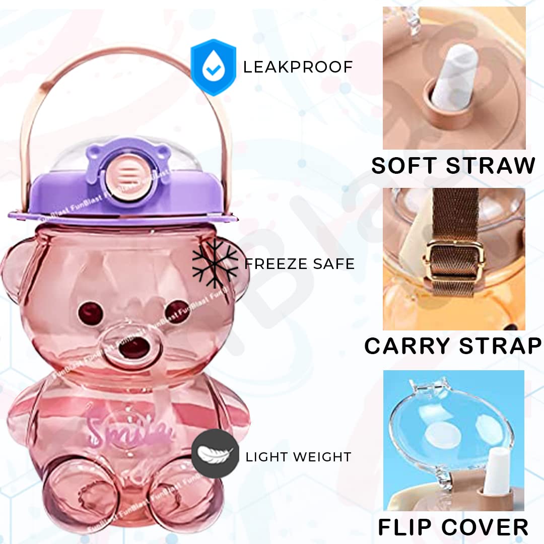 Cute Bear Water Bottle 1000 ML Large-Capacity, Anti-Leak Kids Water Bottle, BPA Free Cartoon Animal Design Water Bottle with Straw (White, Polycarbonate, Polypropylene, Pack of 1)