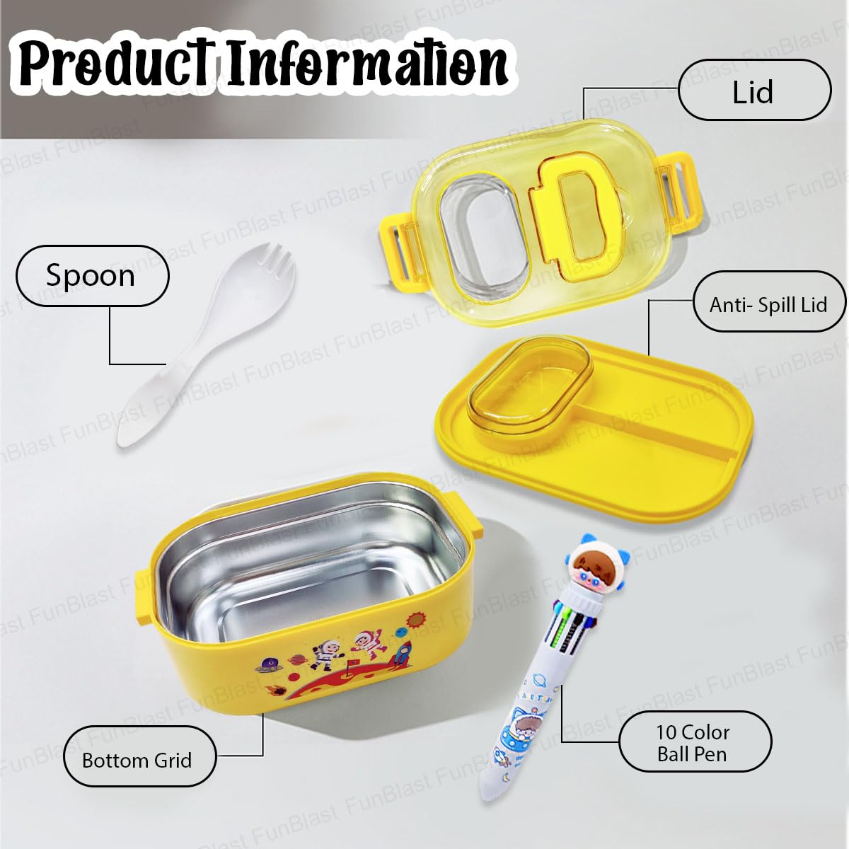 Astronaut and Space Theme Lunch Box with Spoon and 10 Color Ball Pen, Lunch Box for School Kids, SS304 Lunch Box, Air-Tight Lunch Box, Insulated Lunch Box