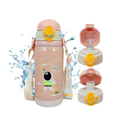 Cartoon Design Hot & Cold Water Bottle for Kids – Dual Cap Bottle with Straw & Wide Mouth Cap – 450ML