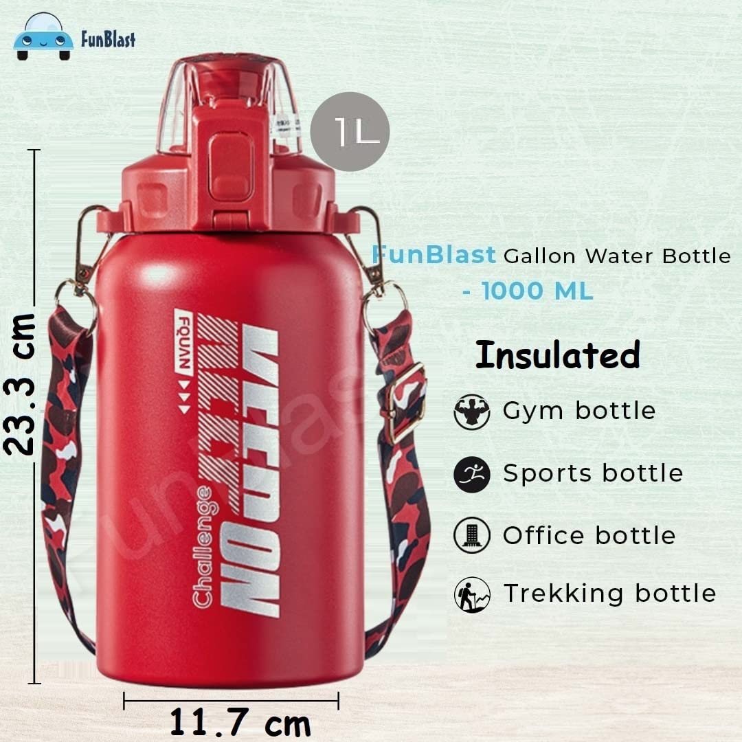 Insulated Stainless Steel Bottle - Hot and Cold-Water Bottle – 1000 ML Gallon Water Bottle, SS 304 Stainless Steel Thermos, BPA-Free Bottle