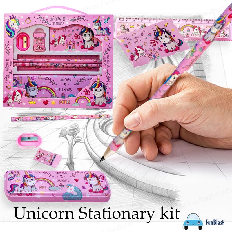 Unicorn Stationery Set for Girls - Pencil Pen Book Eraser Sharpener, K –  FunBlast