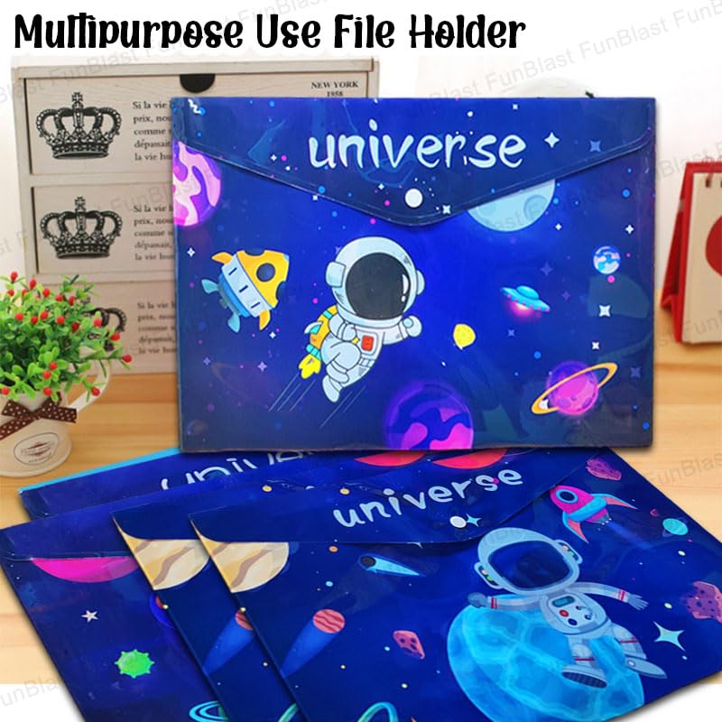 Space Astronaut File Folder with Button Lock – Pack of 12 Pcs Space Theme Certificates Holder, A4 Size Document Organizer Bag - Assorted Design