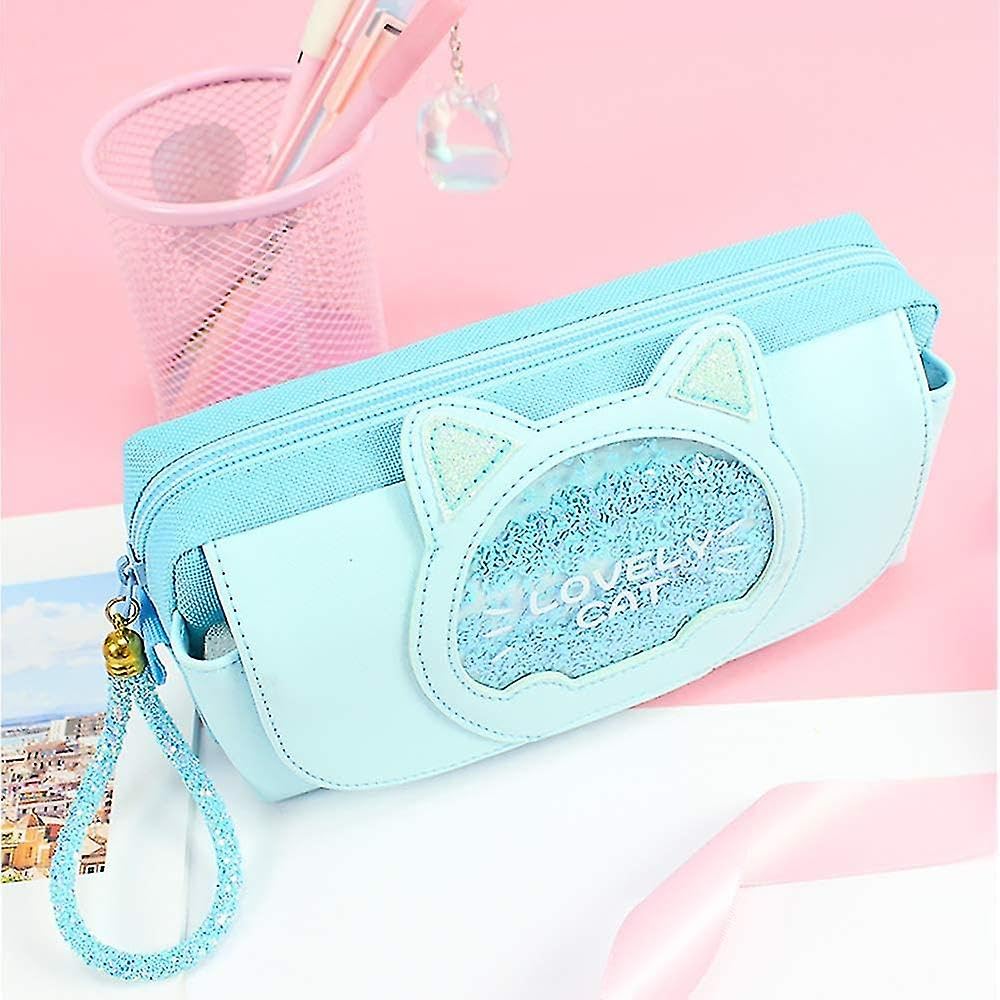 Cat Design Stationery Pouch with Zipper Lock for Girls (SkyBlue)