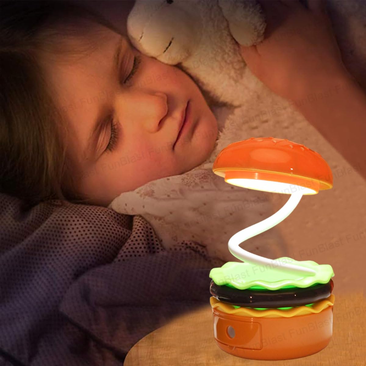 Table Lamp - Burger Design Desk Light for Kids & Adults, Rechargeable Desk Lamp with Pen Holder & Sharpener, Study Desk Light