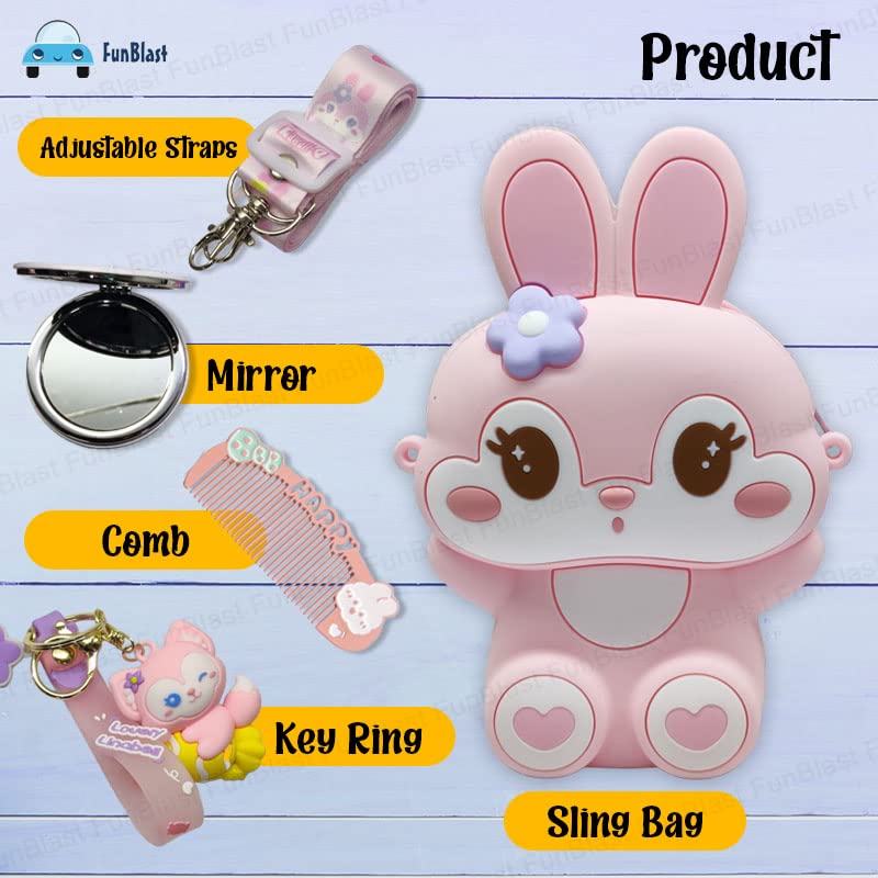 Bunny Sling Bag with Key Ring, Comb and Mirror – silicone Mini Bag for Girls, Fancy Bag for Girls, Purse, Stylish Cross Body Bag with Adjustable Strap, Korean Bag for Girls