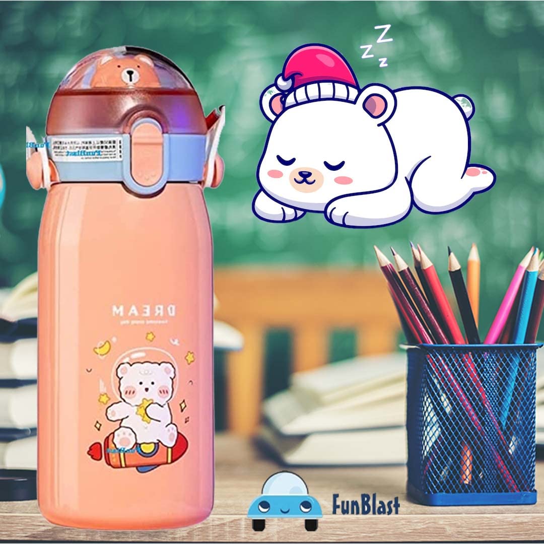 Cartoon Design Hot and Cold Water Bottle for Kids - Double Walled Vacuum Insulated Stainless Steel Bottle, Double-Wall Thermos Flask with Straw (530 Ml)