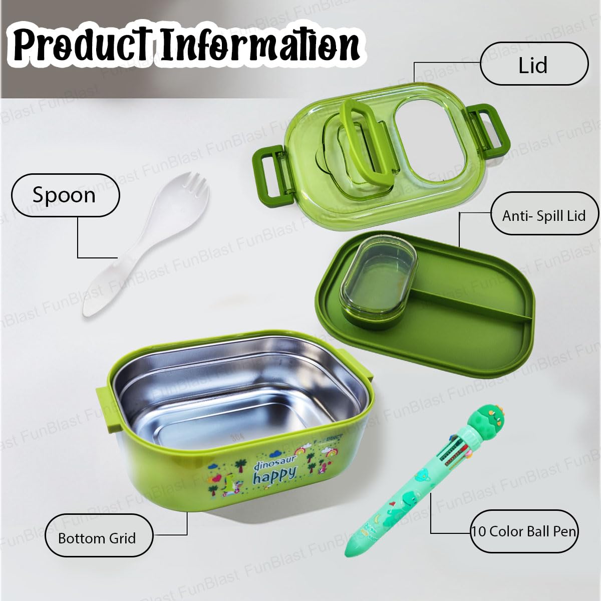 Dinosaur Theme Lunch Box for Kids, Tiffin Box with Spoon and 10 Color Ball Pen, Lunch Box for School Kids, SS304 Lunch Box, Air-Tight Lunch Box