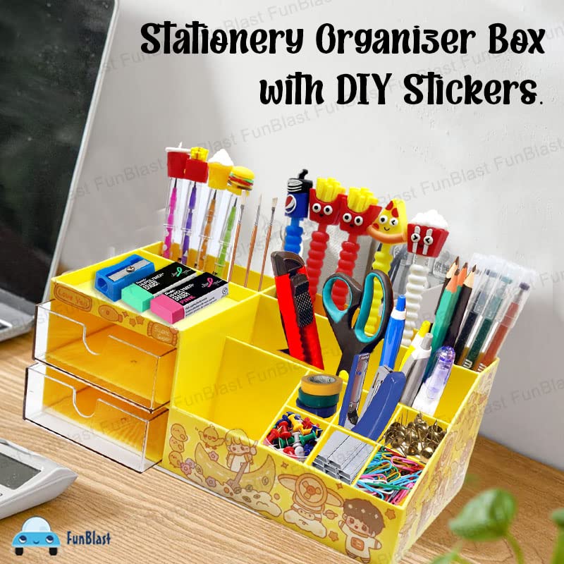 Desk Storage Organizer - Table Pen Holder, Stylish, Stationery Organizer Box with DIY Stickers, Pen Holder for Office, Desktop organizer (acrylonitrile butadiene styrene, PP)