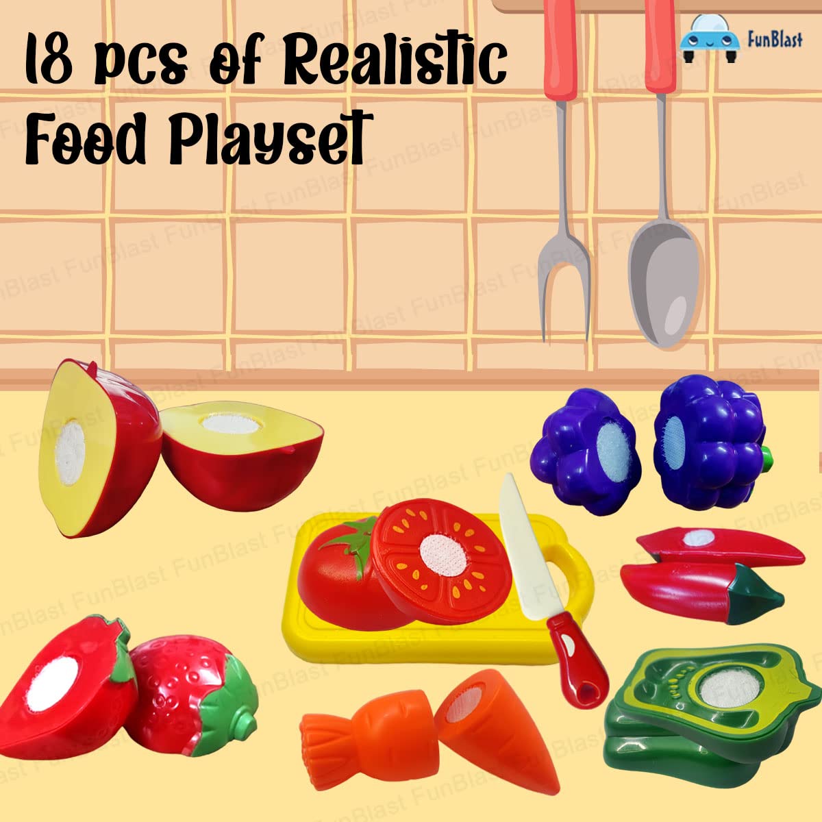 Fruits and Vegetables Play Set Toys - Realistic Sliceable Cutting Fruits and Vegetable Pretend Play Kitchen Toys for Kids, Fruit Vegetable Toys with Chopping Board & Knife