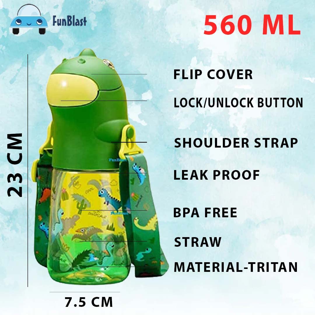 Dinosaur Water Bottle for Kids – Cartoon Design Anti-Leak Tritan Water Bottle for Kids, Water Bottle with Sipper, School Water Bottle for Kids – 560 ML