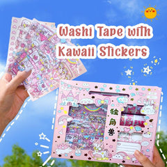 Washi Tape Set and Stickers - Unicorn Theme Washi Tape Set, Designer Decorative Masking Tapes & kawaii Stickers for DIY Arts & Crafts Work, Scrapbooking Bullet Journal Planners