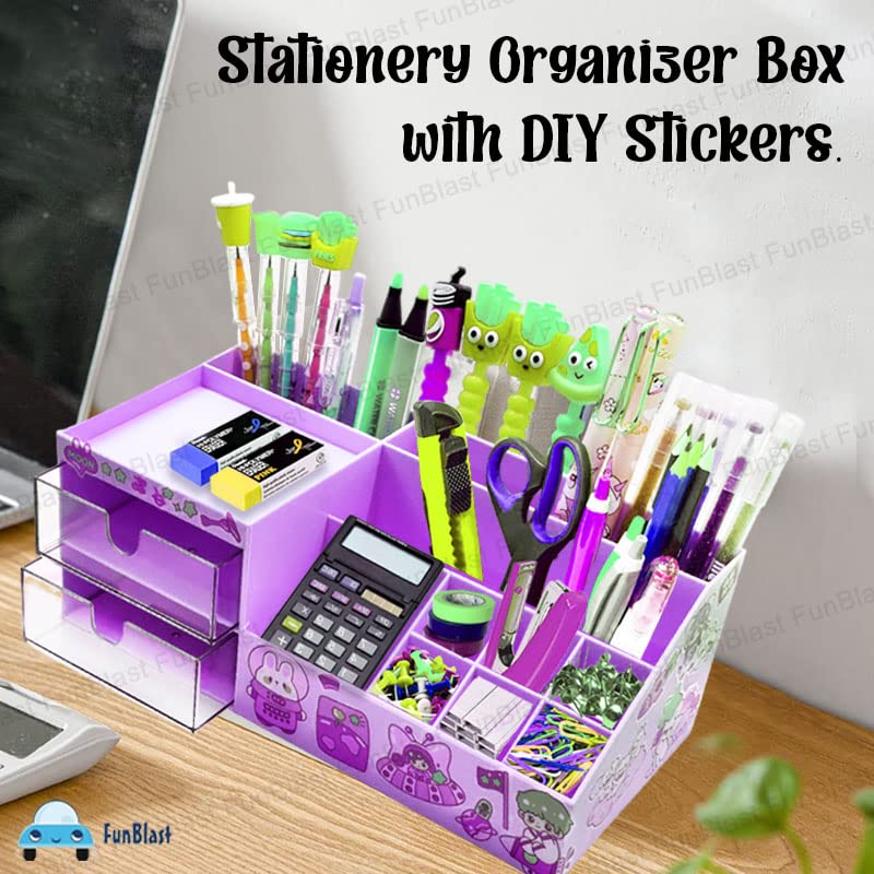 Desk Storage Organizer - Table Pen Holder, Stylish, Stationery Organizer Box with DIY Stickers, Pen Holder for Office, Desktop organizer (acrylonitrile butadiene styrene, PP)