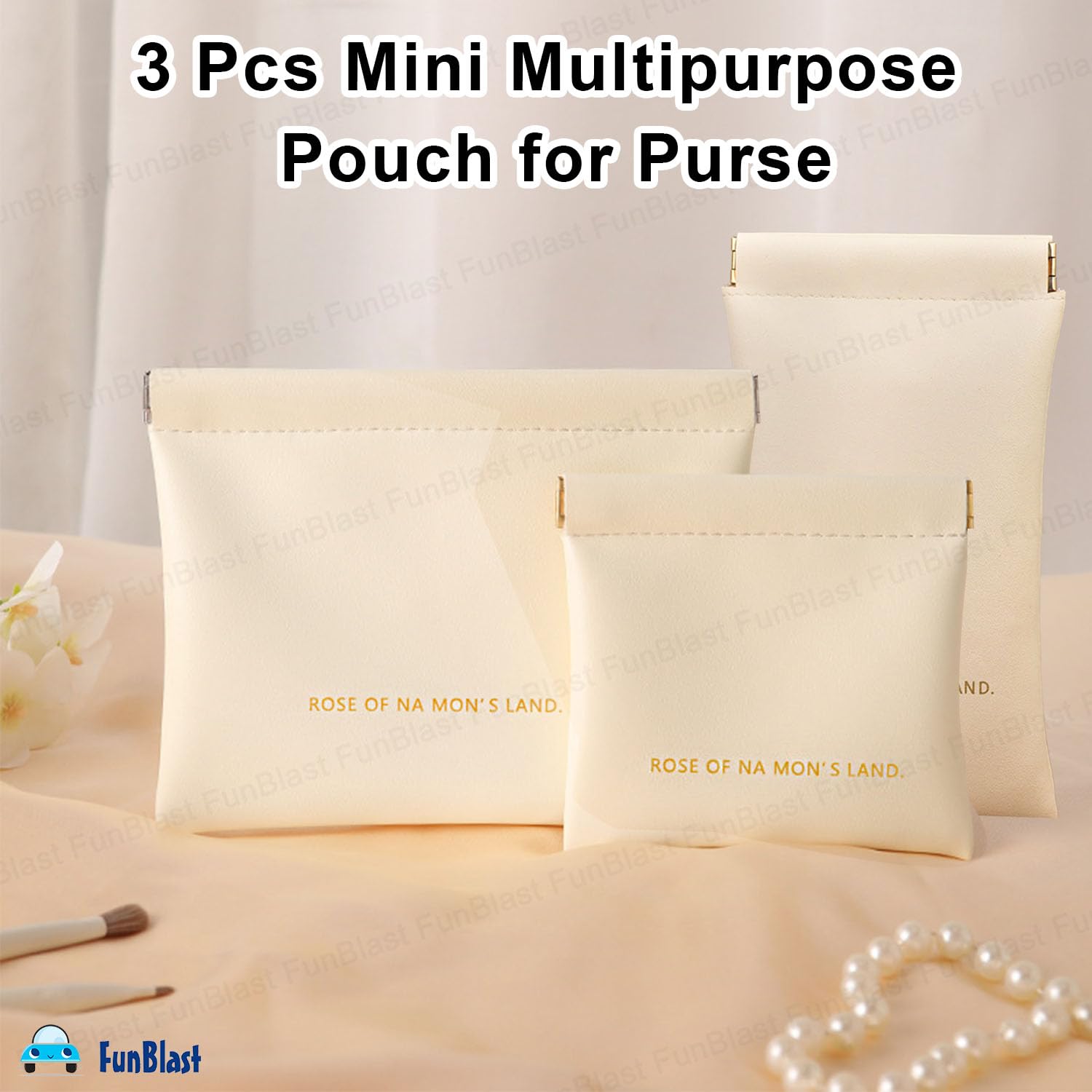 3 Pcs Mini Multipurpose Makeup Pouch for Girls & Women (Cream)