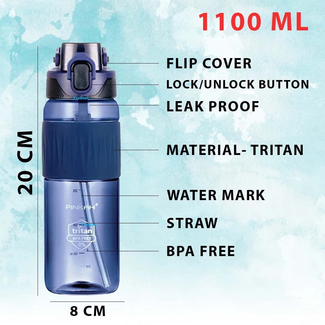 Water Bottle 1100 ML with Straw and Sipper - Tritan Unbreakable Water Bottle Leak Proof Durable BPA Free Non-Toxic Water Bottle for Home, Office, Gym, Trekking (Pack of 1)