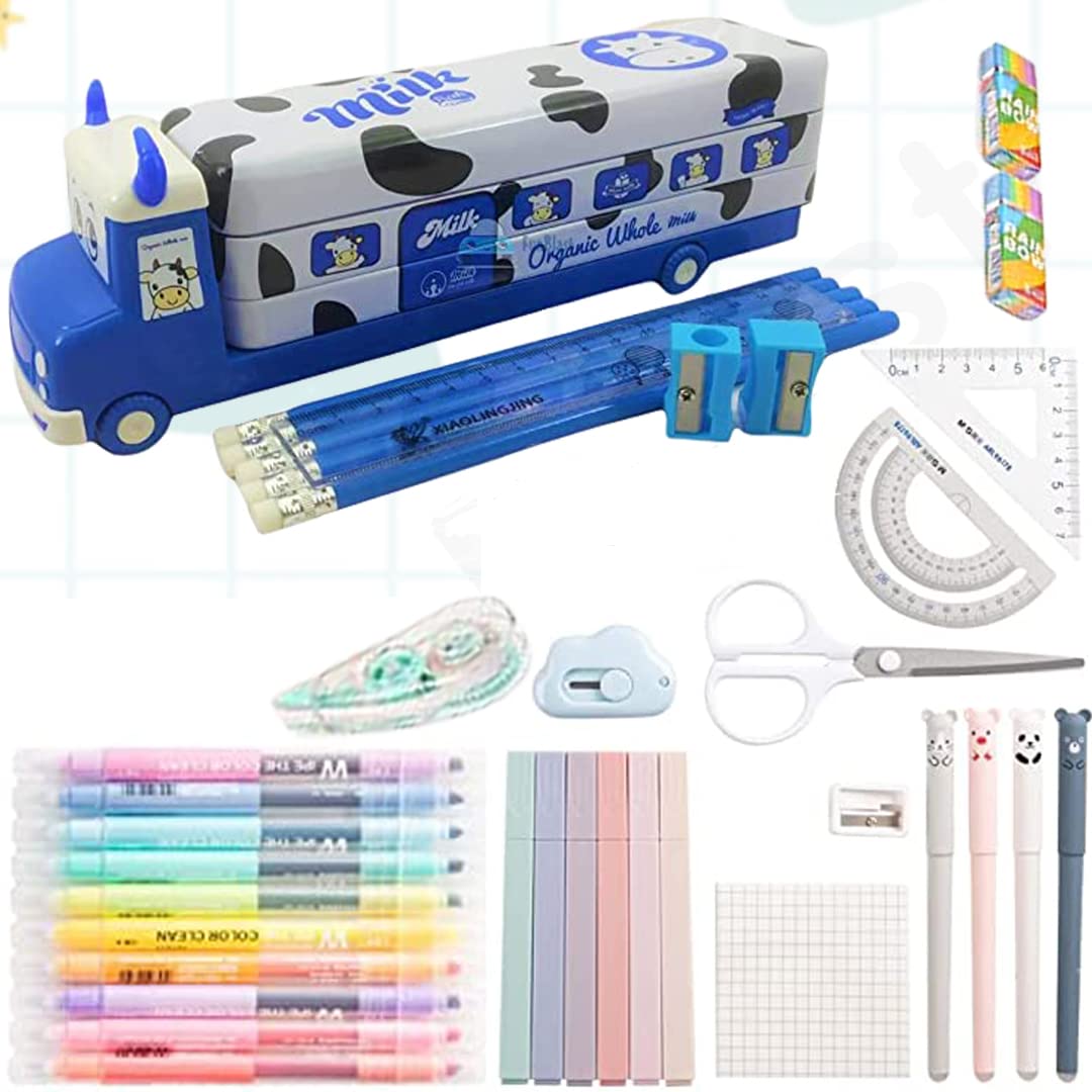 Pencil Box for Kids Bus with Moving Tyres & Sharpener for Kids Truck Geometry Box for Kids