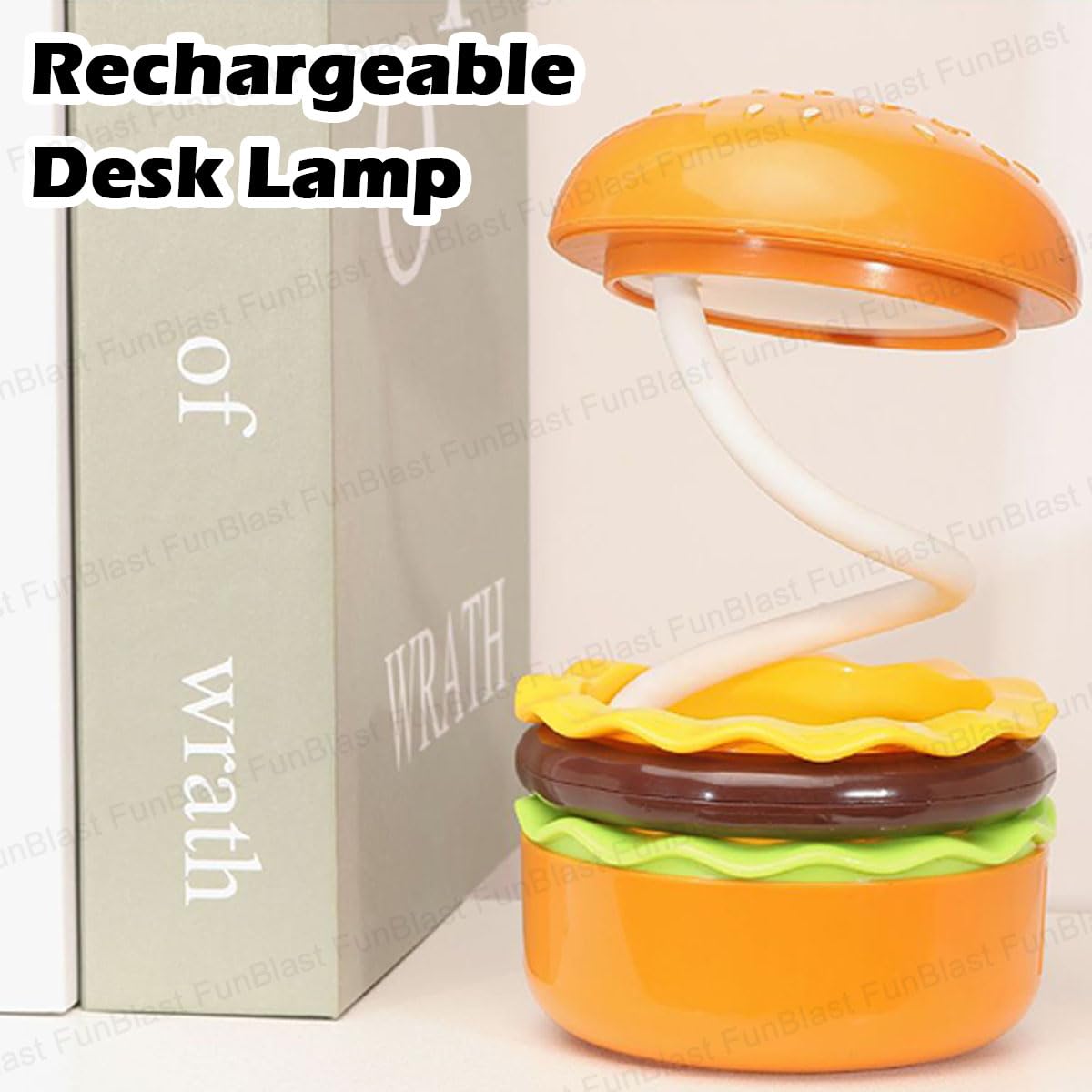 Table Lamp - Burger Design Desk Light for Kids & Adults, Rechargeable Desk Lamp with Pen Holder & Sharpener, Study Desk Light