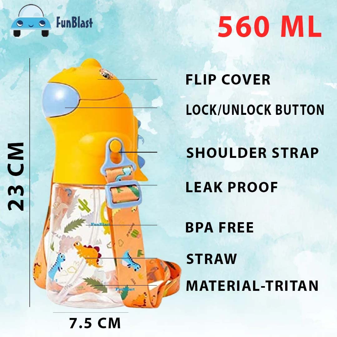 Dinosaur Water Bottle for Kids – Cartoon Design Anti-Leak Tritan Water Bottle for Kids, Water Bottle with Sipper, School Water Bottle for Kids – 560 ML