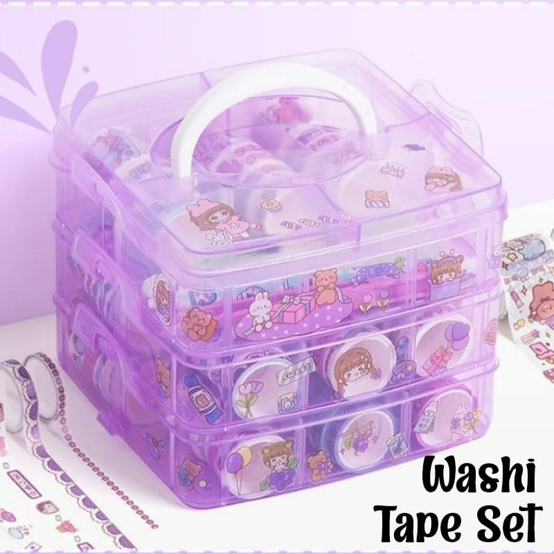 Washi Tape Set - 100 Pcs Designer Decorative Masking Tapes with 20 Pcs Kawaii Stickers, Tweezer, Pen and Spatula in 3 Layer Box, Tapes for DIY Art & Crafts, Wrapping