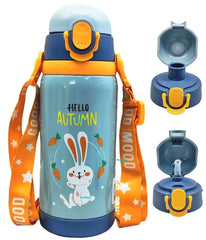 Cartoon Design Hot & Cold Water Bottle for Kids – Dual Cap Bottle with Straw & Wide Mouth Cap – 450ML