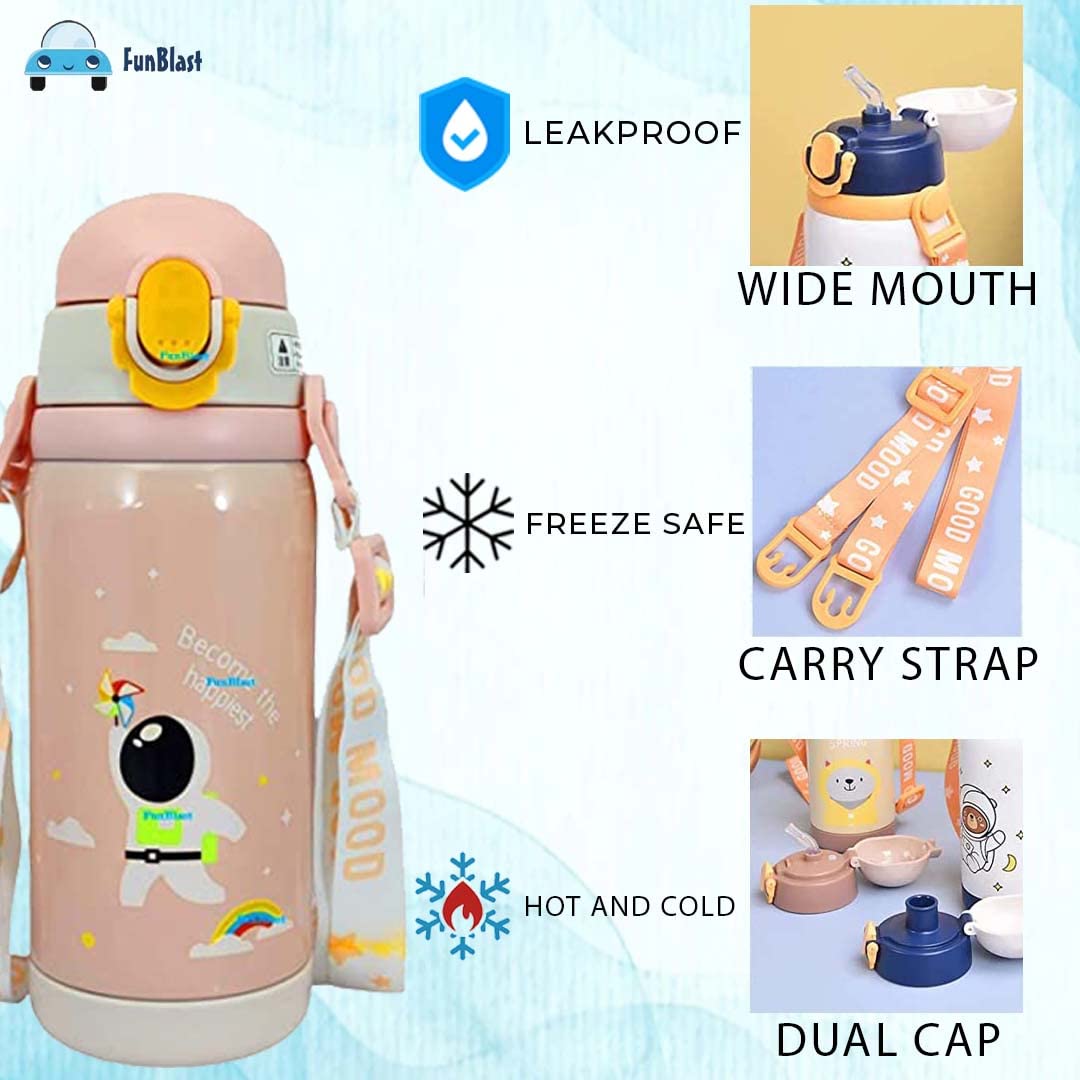 Cartoon Design Hot & Cold Water Bottle for Kids – Dual Cap Bottle with Straw & Wide Mouth Cap – 450ML